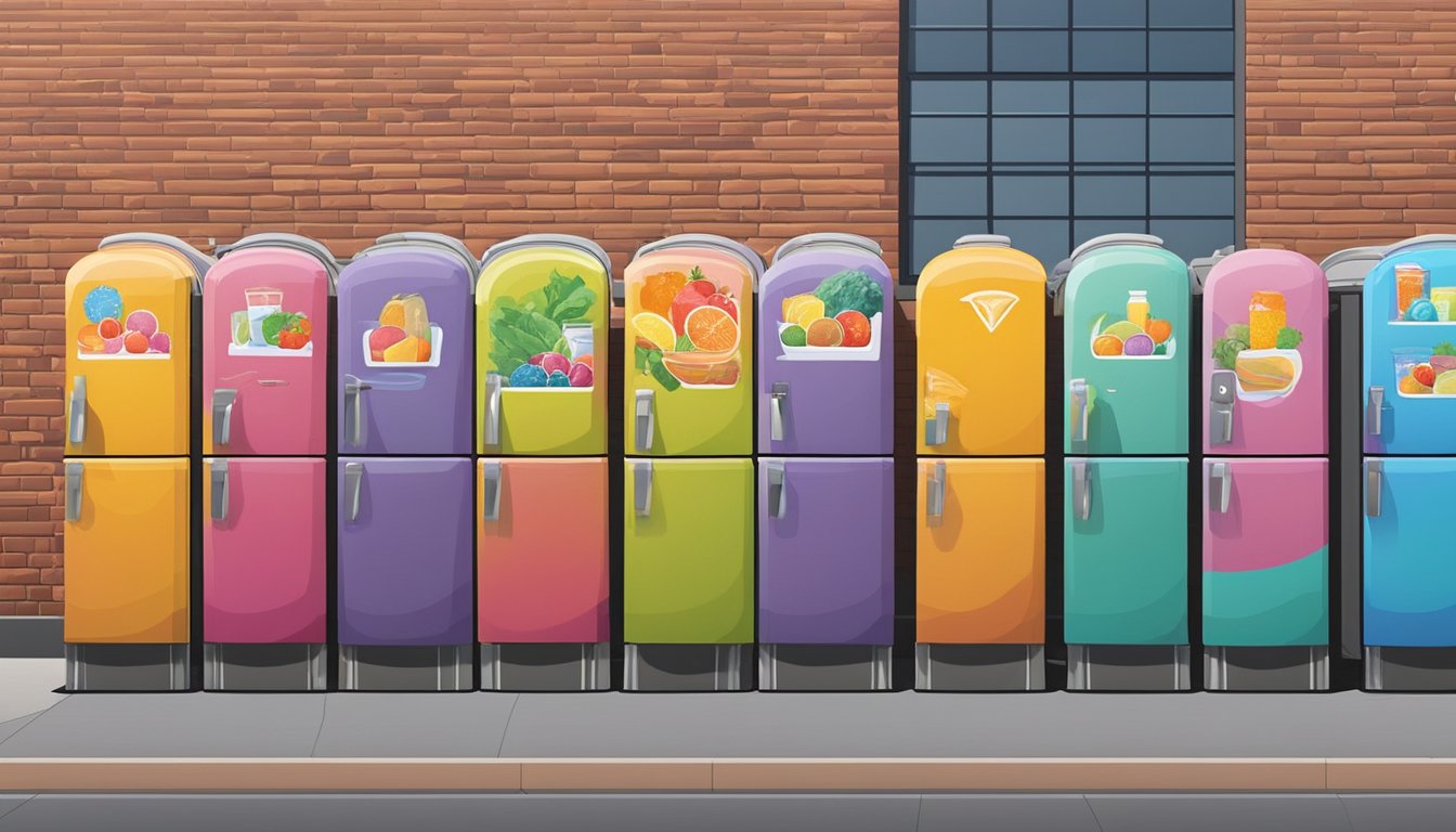 A row of colorful community fridges nestled against a brick wall in Denver, Colorado. Each fridge is adorned with vibrant artwork and filled with donated food