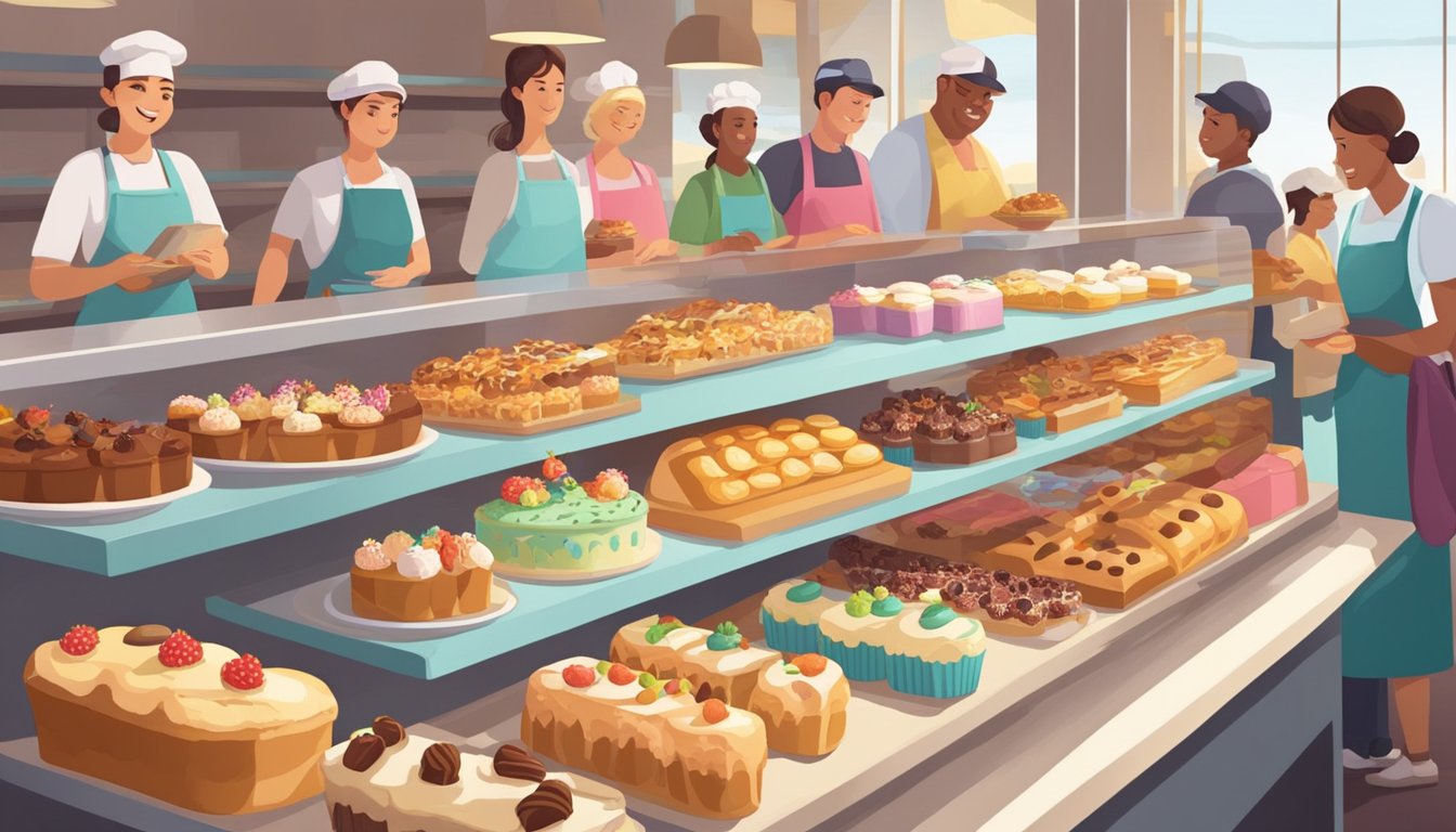 A bustling bakery with colorful displays of pastries and cakes, surrounded by the sweet aroma of freshly baked goods. Customers eagerly line up to sample the delectable treats