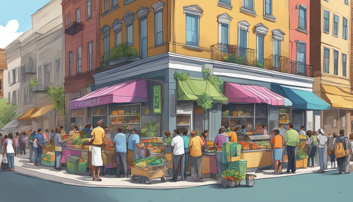 A bustling street corner with a colorful, decorated fridge surrounded by people donating and taking food