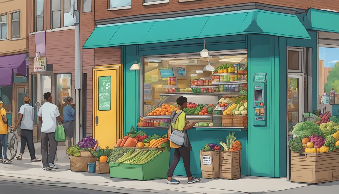 A bustling street in Denver, CO, with a colorful community fridge adorned with local artwork and filled with fresh produce and canned goods