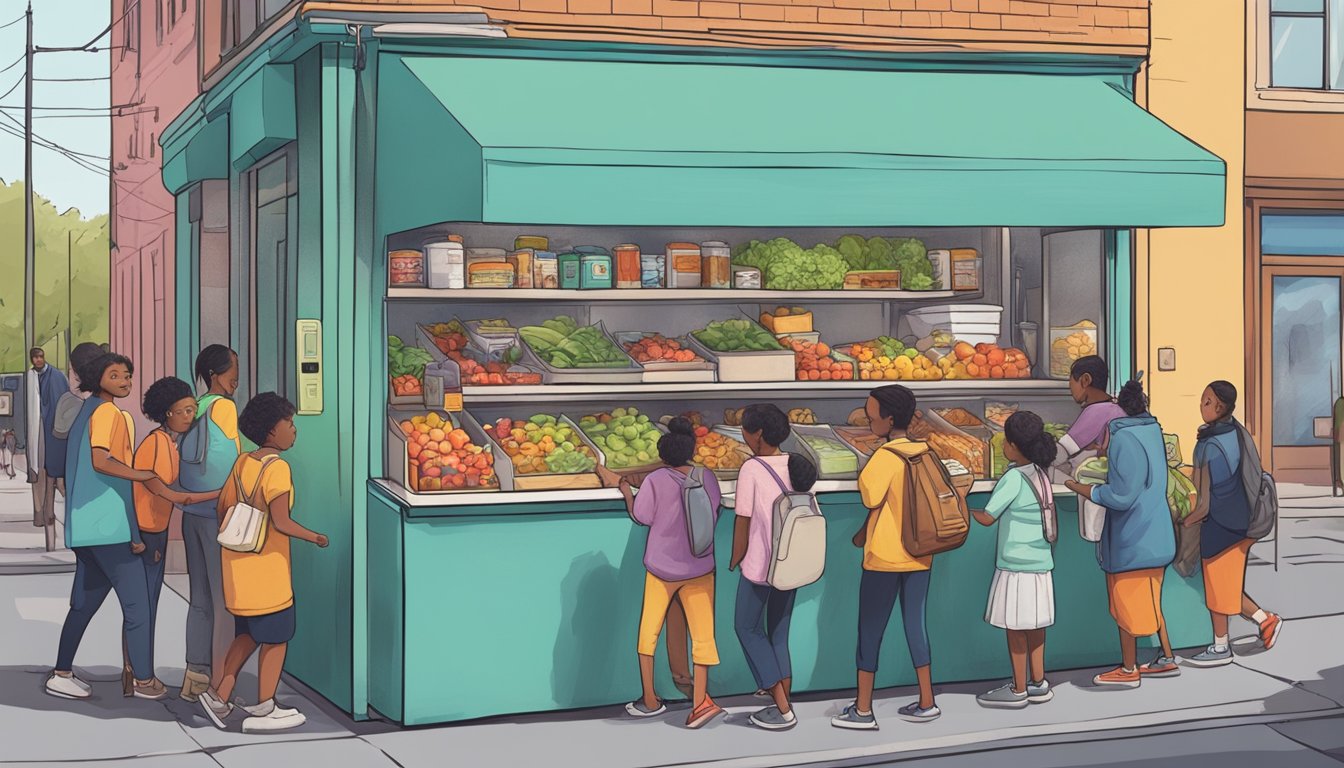 A bustling street corner with a colorful community fridge surrounded by people donating and taking food