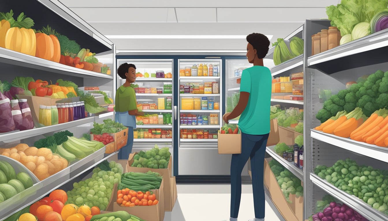 Fresh produce and packaged goods fill the shelves of the Community Fridge, surrounded by a diverse array of people contributing and taking items