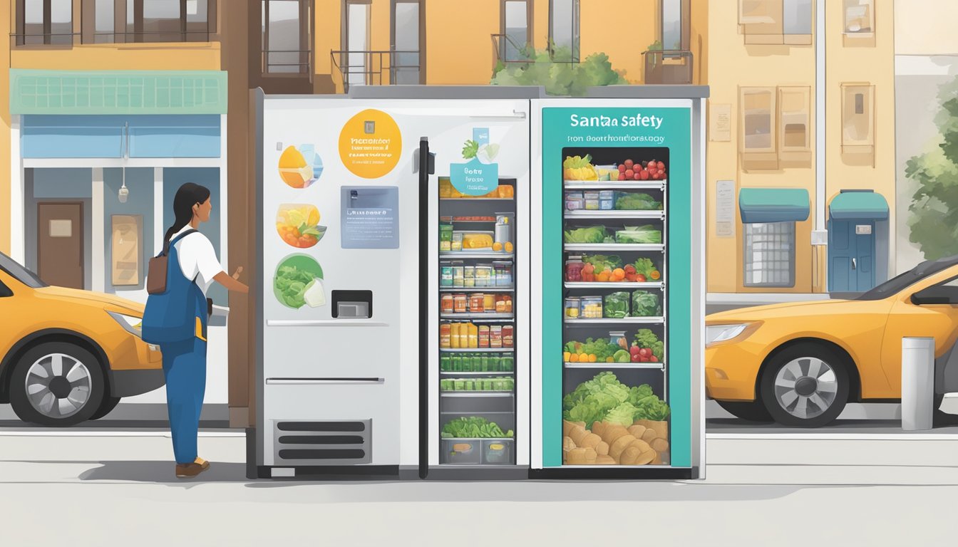 A community fridge in Santa Clara, CA, adorned with health and safety guidelines