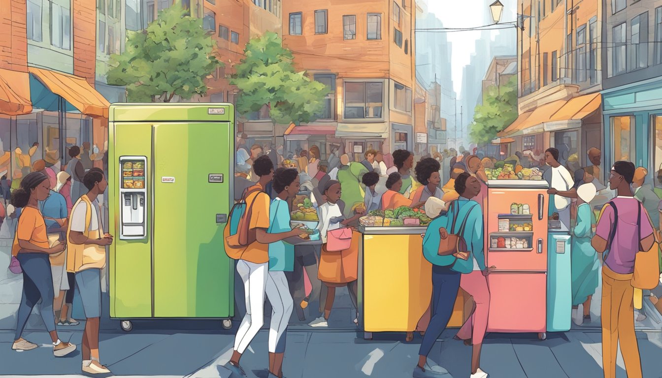 A bustling city street with a colorful community fridge surrounded by people interacting and exchanging food items