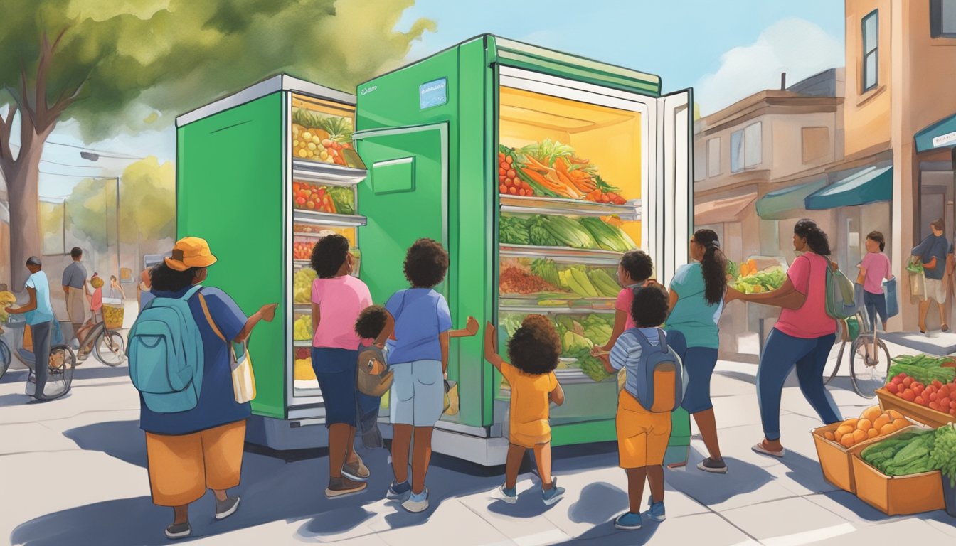 People accessing a brightly painted community fridge filled with fresh produce and packaged goods in a bustling Santa Clara neighborhood