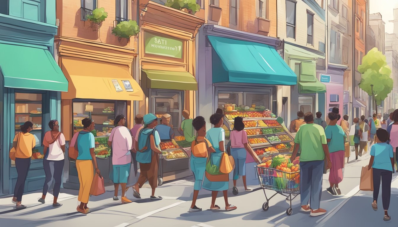 A bustling city street with colorful community fridges adorned with various food items and a diverse group of people coming to donate and take food