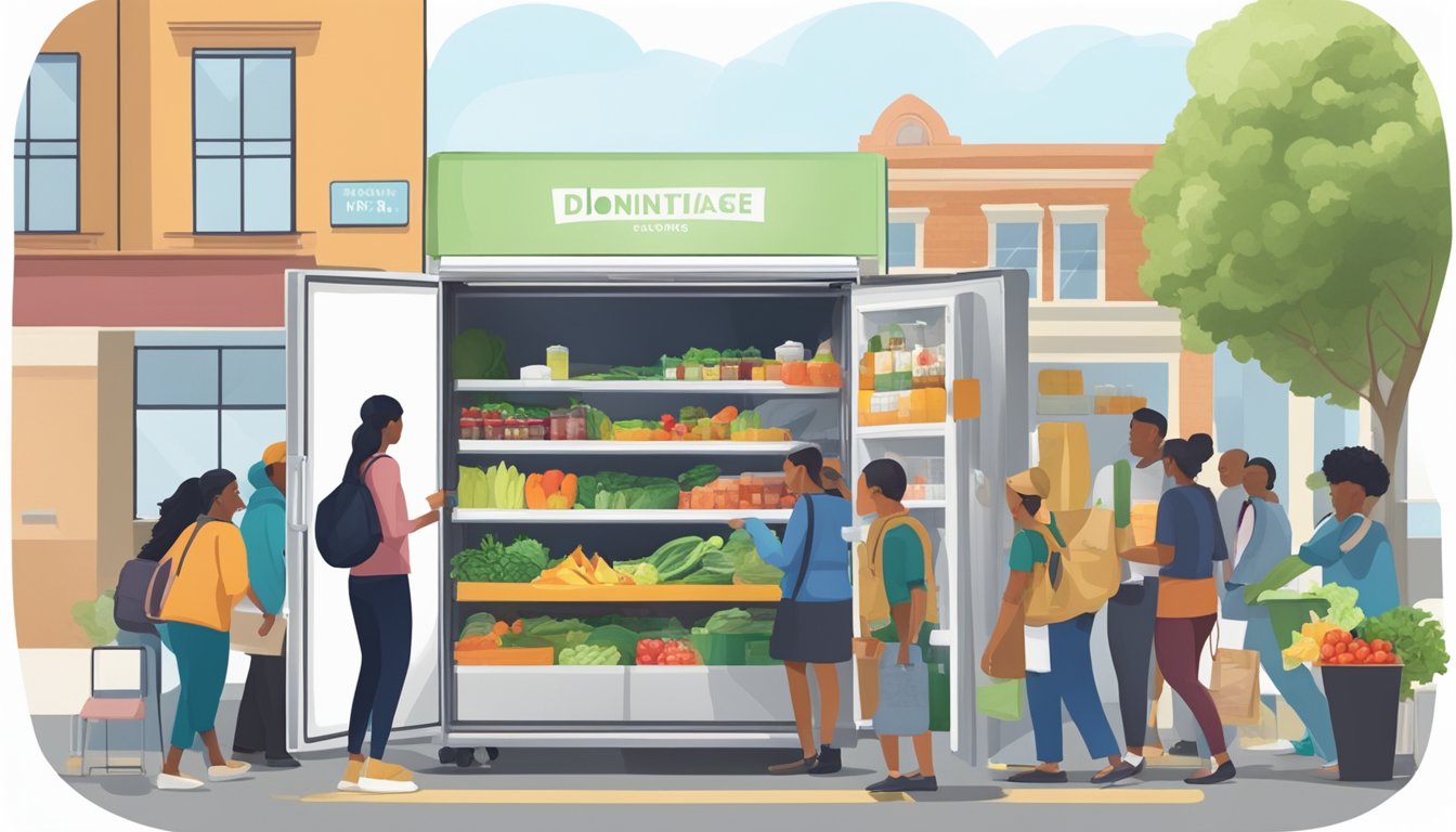 A bustling local community fridge surrounded by people accessing and donating food, with a diverse array of fresh produce and packaged goods