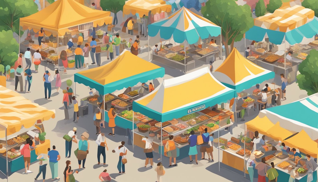 A bustling food festival with colorful tents, people sampling dishes, live music, and a variety of culinary delights on display