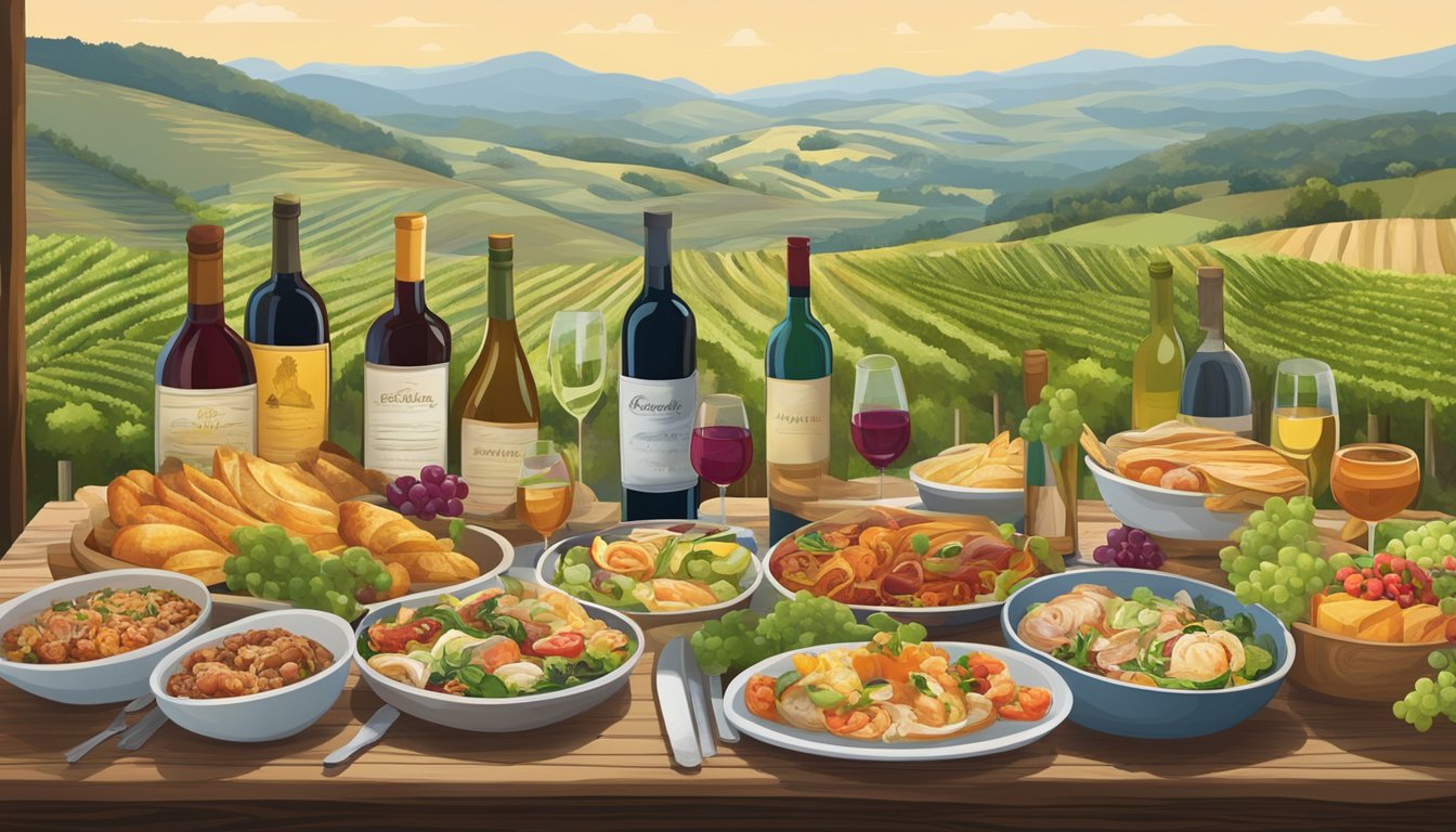 A colorful array of local dishes and wines displayed on a rustic wooden table with a backdrop of rolling hills and vineyards