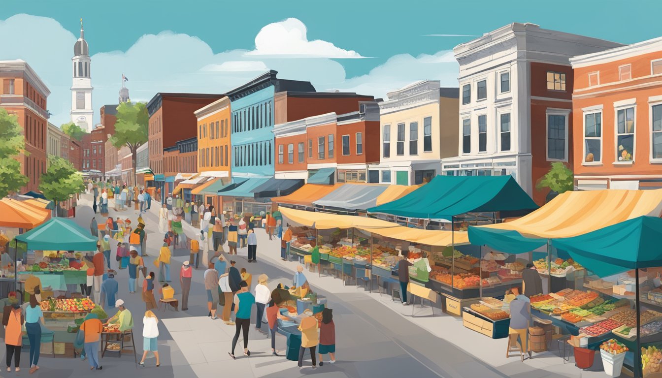 A bustling outdoor market with colorful food stalls, surrounded by historic buildings and a waterfront, showcasing the diverse culinary offerings of Portland, Maine