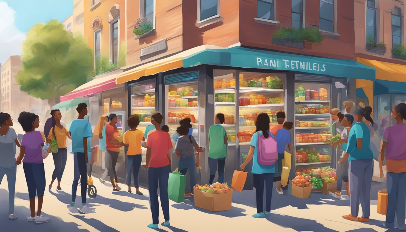 A bustling street corner with a colorful, decorated fridge filled with food donations, surrounded by a diverse group of people accessing its contents