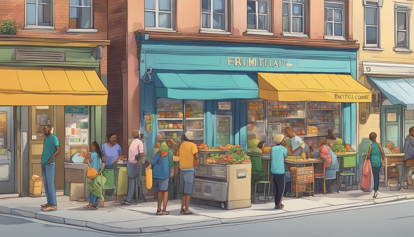 A bustling street corner with a colorful, well-stocked community fridge surrounded by locals exchanging food and conversation