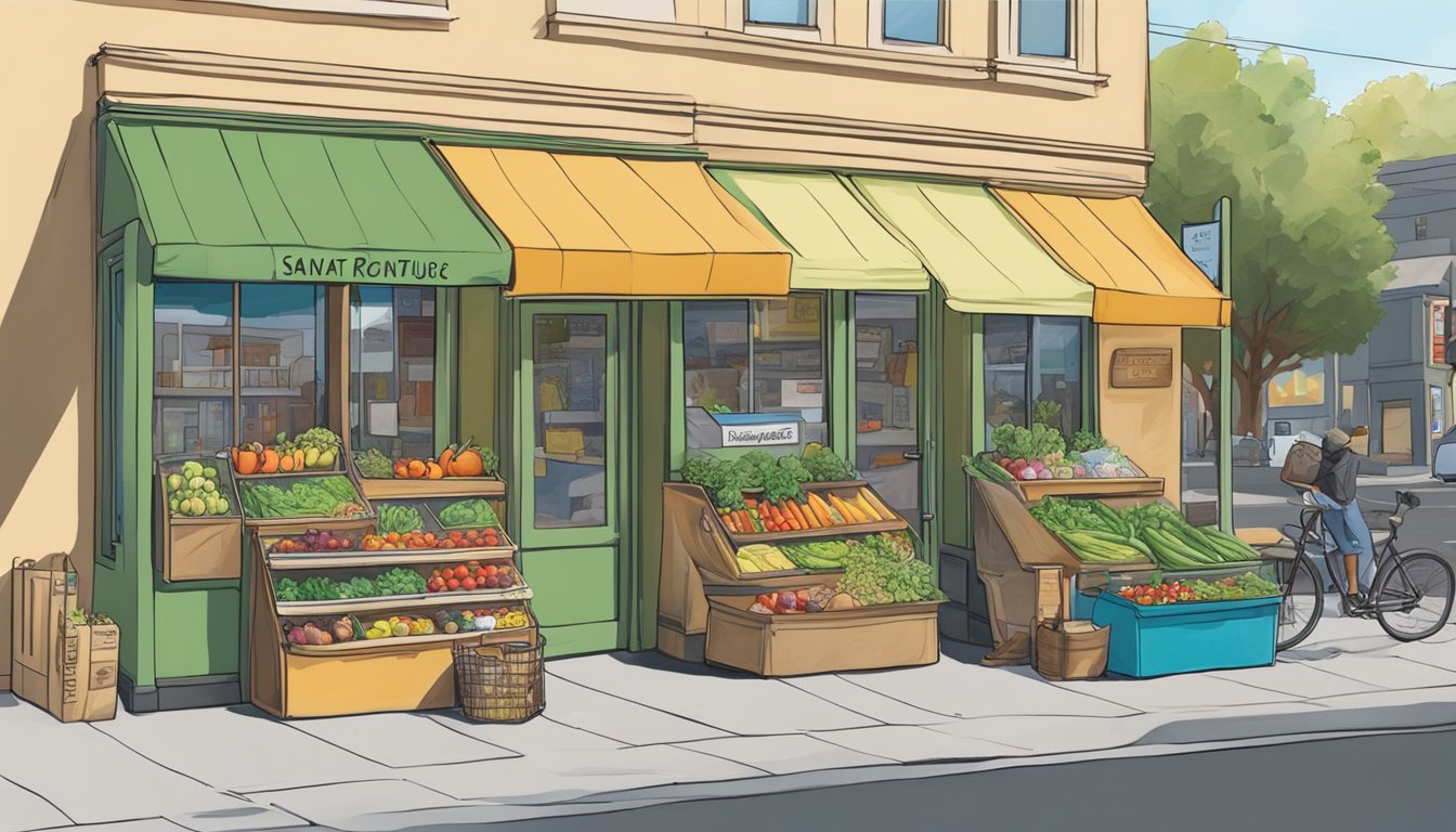 A bustling street corner in Santa Rosa, CA, with a colorful community fridge adorned with local artwork and filled with fresh produce and pantry items