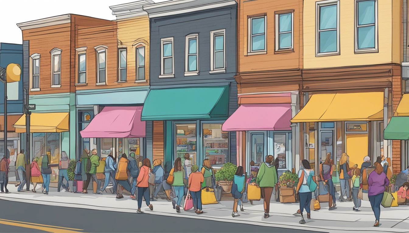 A bustling street in Aurora, CO with a colorful community fridge accessible to all. Nearby businesses and a diverse group of people passing by