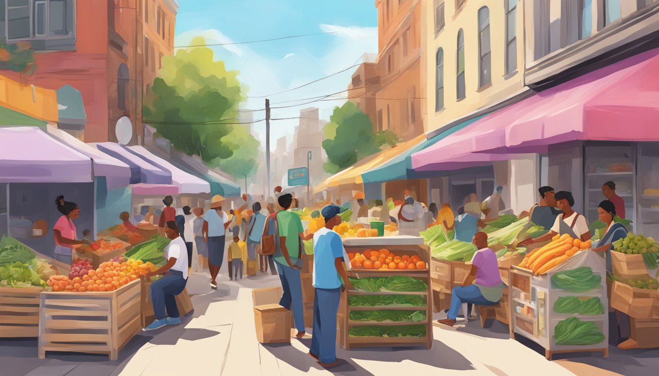 A bustling street corner with colorful community fridges filled with fresh produce and food donations, surrounded by eager locals