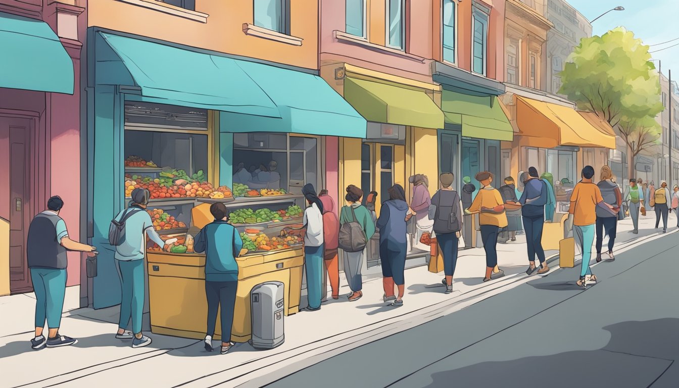 A bustling street with a colorful community fridge surrounded by people donating and taking food