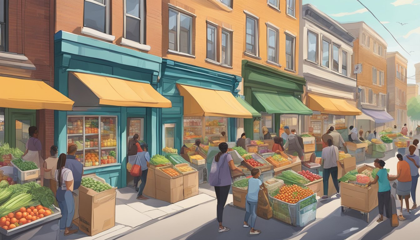 A bustling street corner with colorful community fridges filled with fresh produce and canned goods, surrounded by eager residents donating and taking items