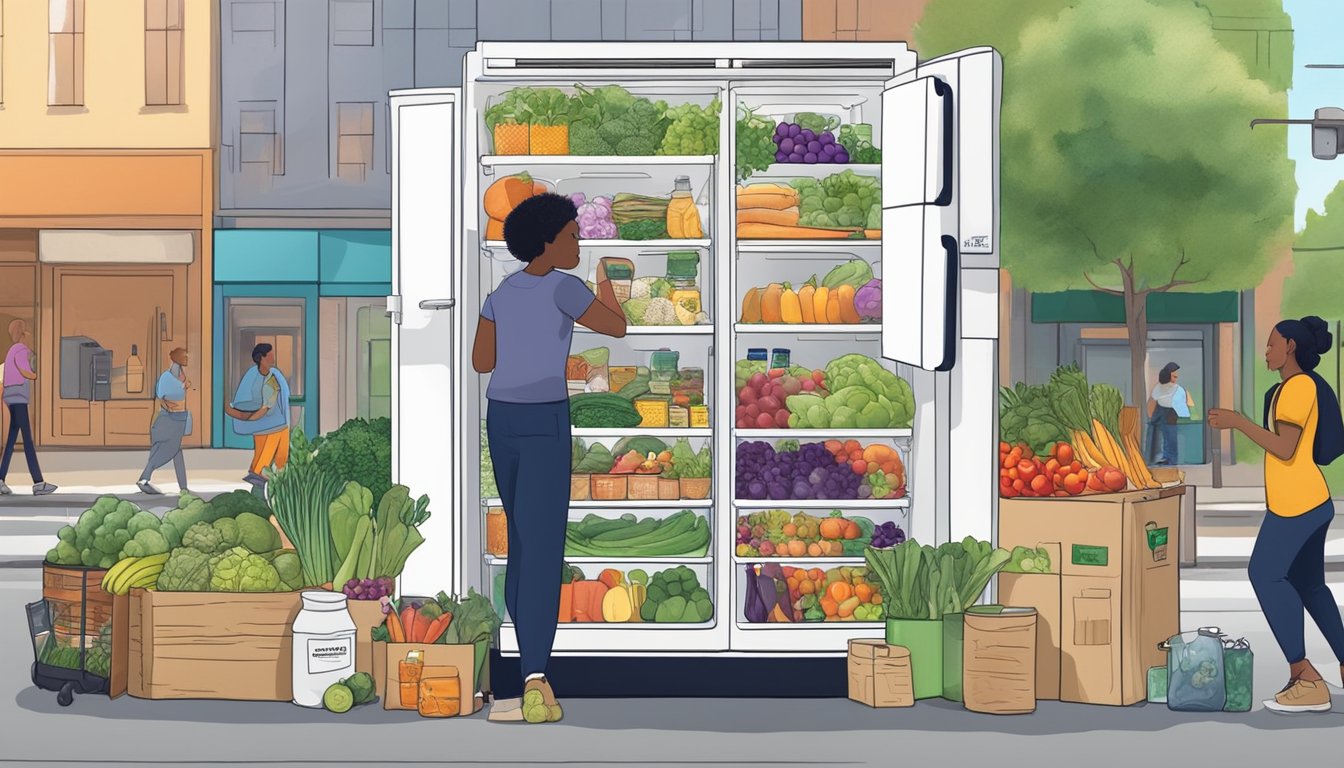 A vibrant community fridge surrounded by diverse local produce and food items, with people from all walks of life coming together to donate and take what they need