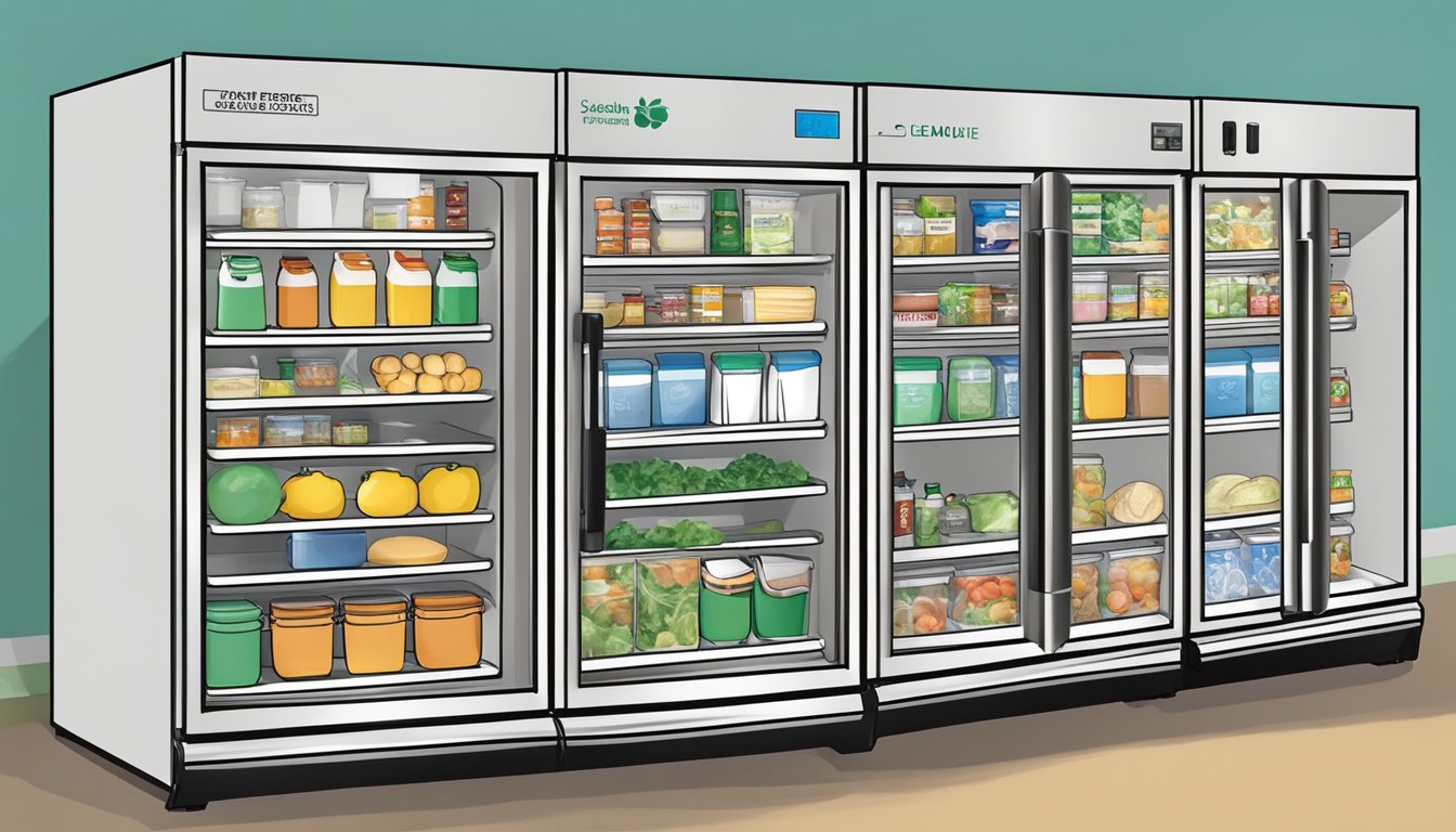 A clean, organized community fridge in Pueblo, CO with labeled shelves and temperature control