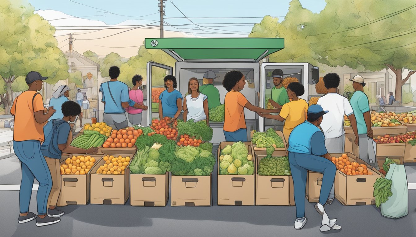 A diverse group of people from Santa Rosa, CA contribute fresh produce and packaged goods to a community fridge located in a public space