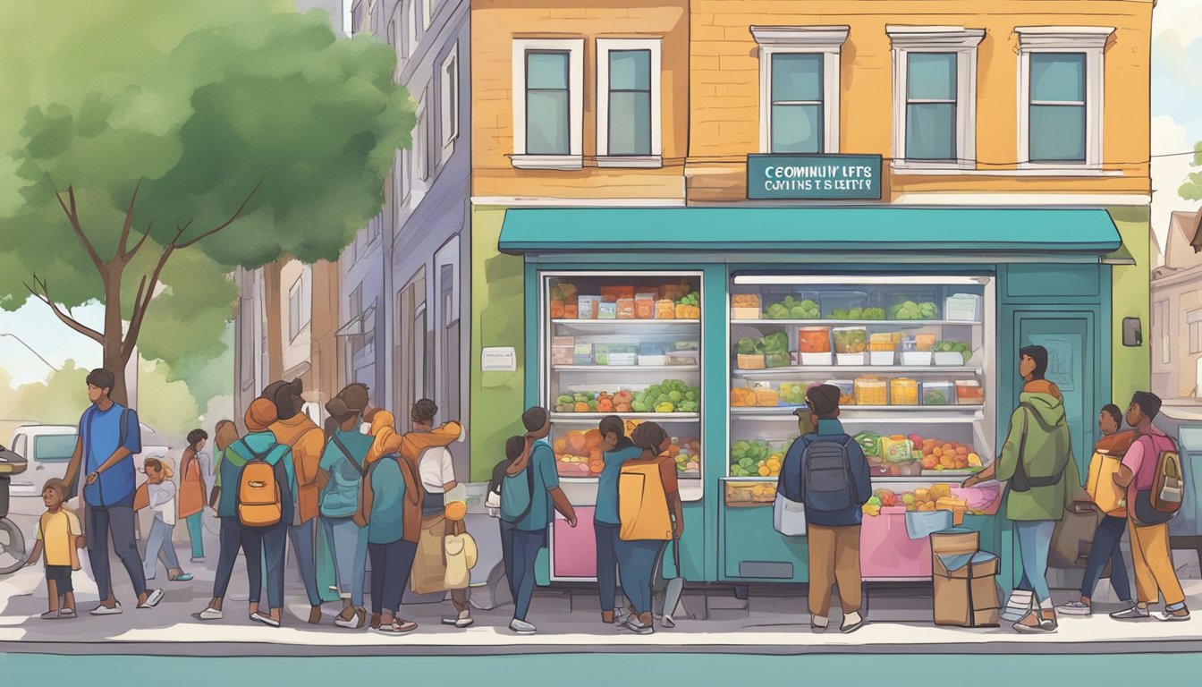 A bustling street corner with a colorful community fridge surrounded by people donating and taking food. Nearby, a banner advertises local events