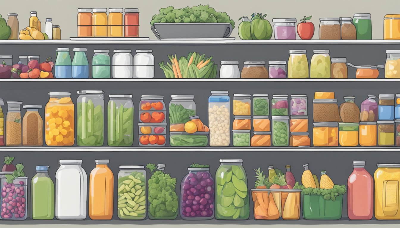 A row of colorful community fridges filled with fresh produce and pantry staples, surrounded by a diverse group of people making donations and taking items