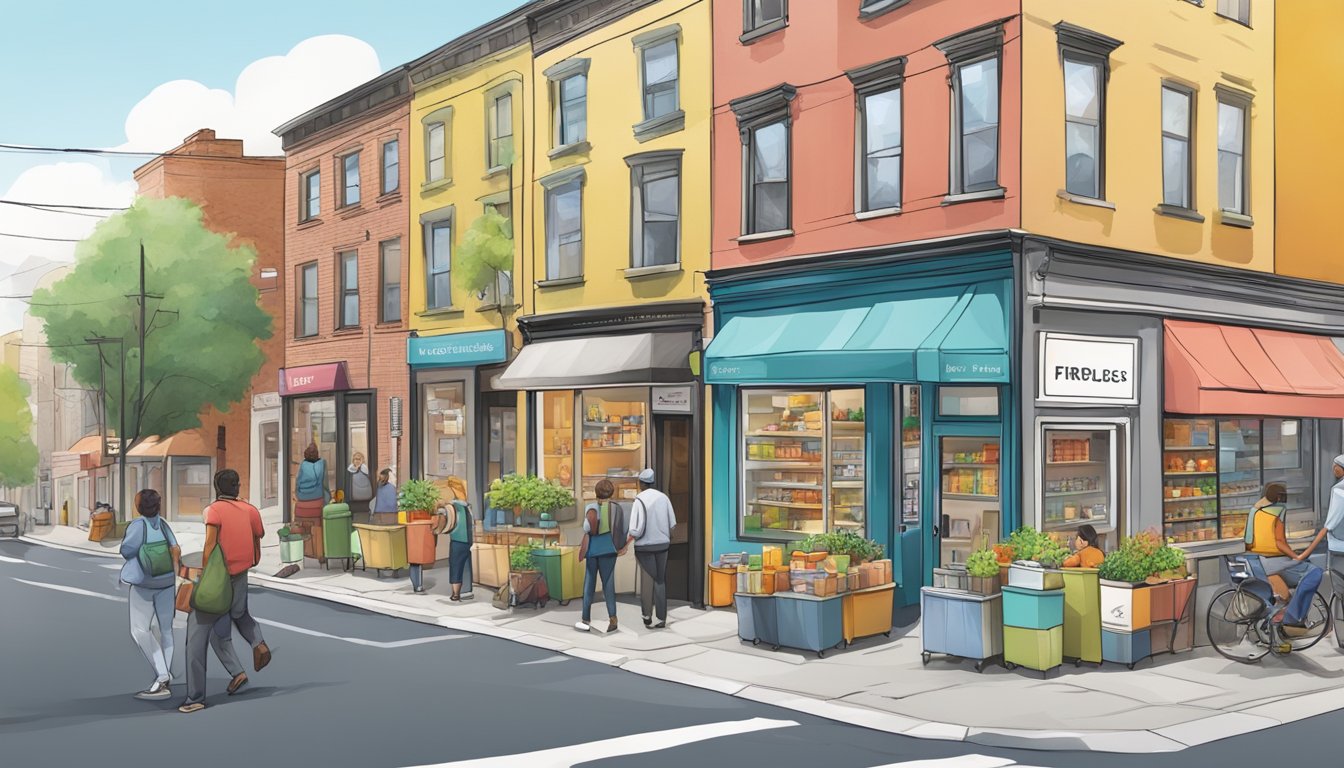 A bustling street corner with a colorful local community fridge, surrounded by small businesses and bustling with activity