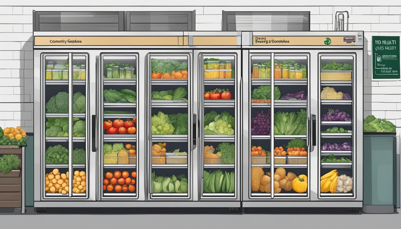 A community fridge in Aurora, CO, filled with fresh produce and labeled with health and safety guidelines