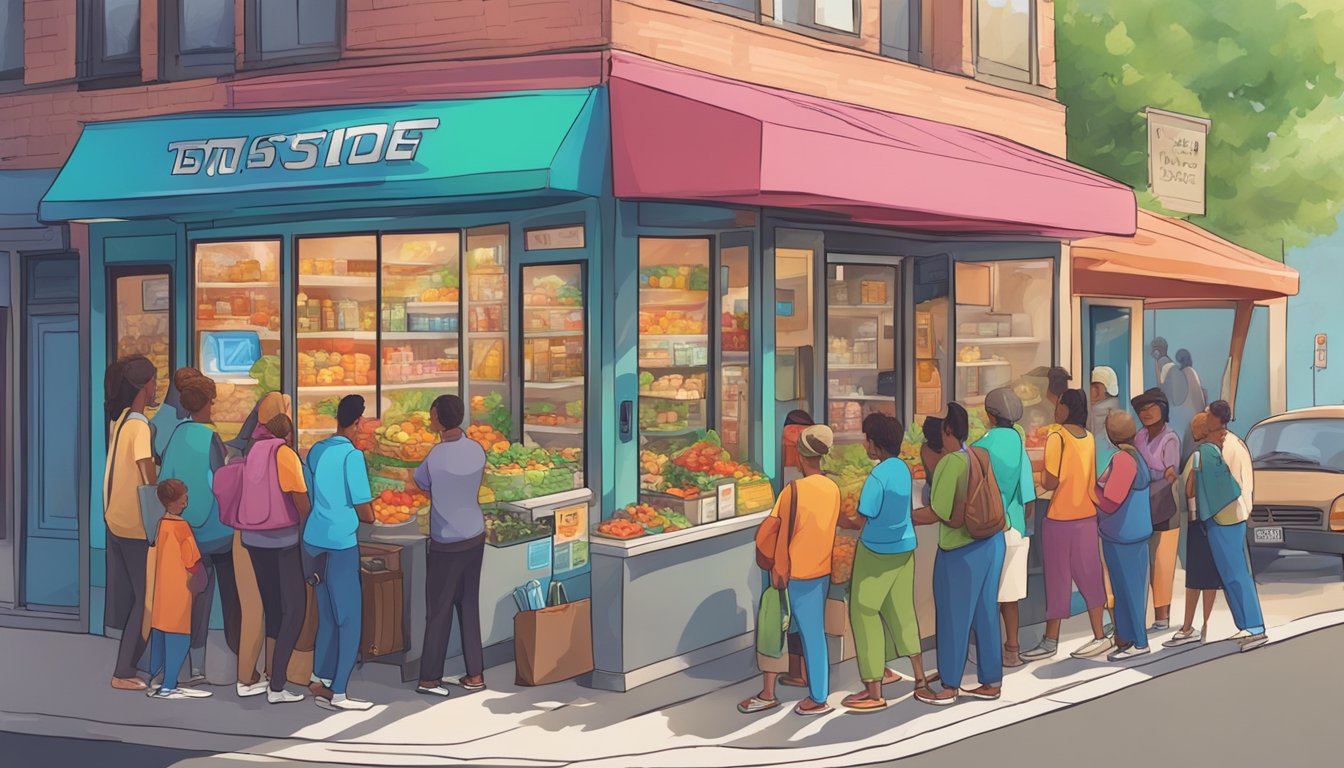 A bustling street corner with a colorful community fridge surrounded by people donating and taking food