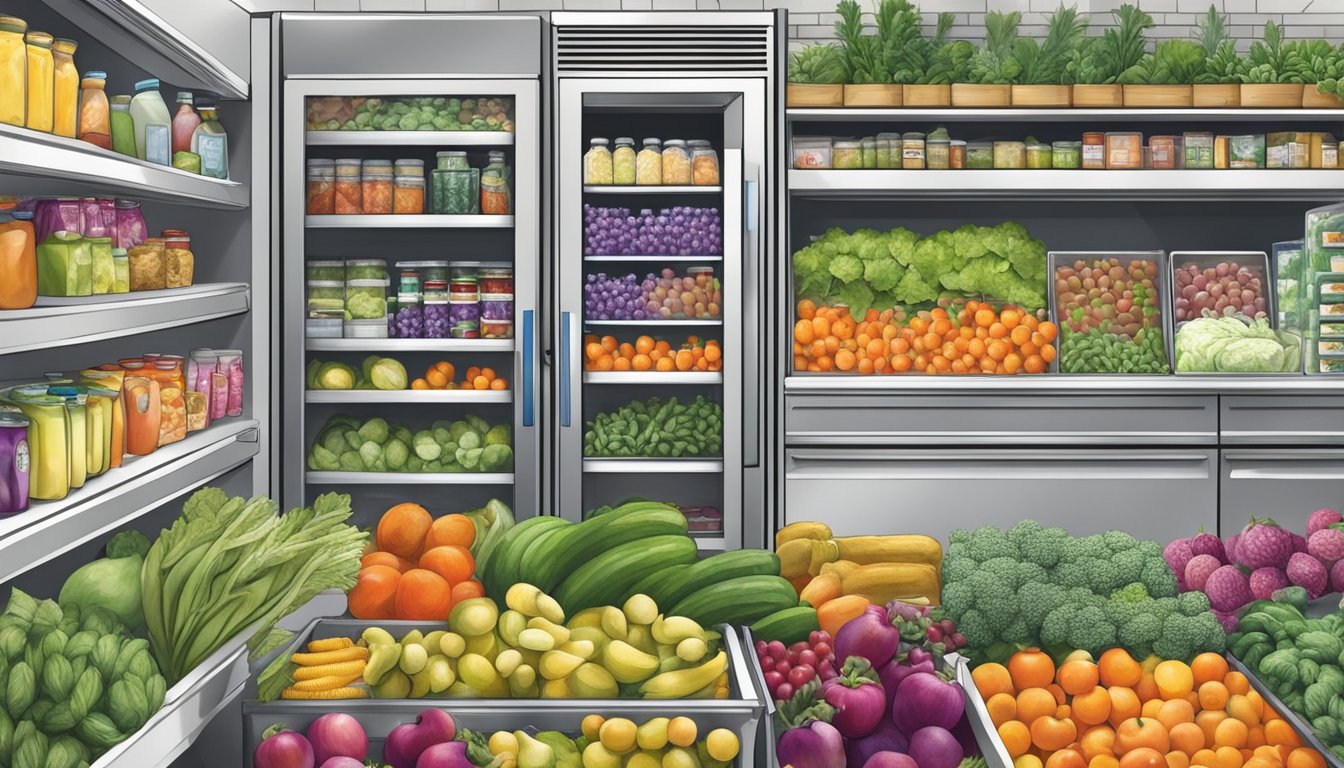 A bustling community fridge in Pueblo, CO filled with a variety of fresh produce, dairy, and packaged goods. People come and go, adding to and taking from the stocked shelves