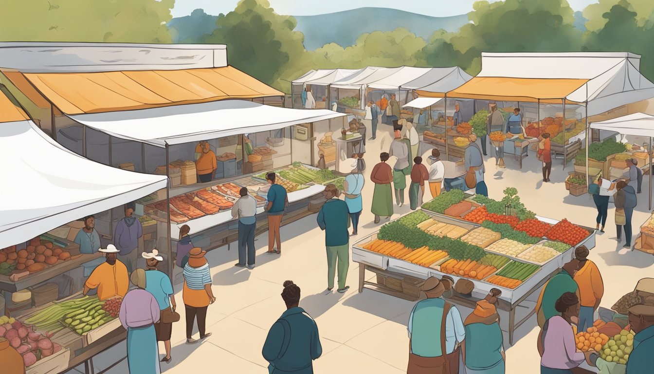 A bustling farmers' market filled with colorful stalls offering fresh produce, artisanal cheeses, and locally sourced meats. Chefs are seen chatting with vendors, selecting ingredients for their sustainable dining menus