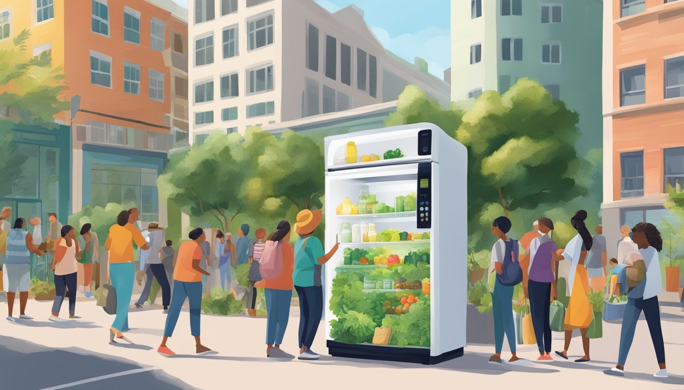 A bustling local community fridge surrounded by diverse buildings and greenery, with people of all ages and backgrounds coming together to access and contribute to the sustainable initiative