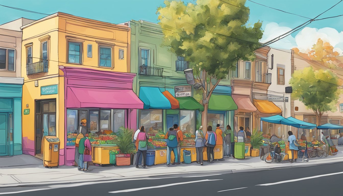 A bustling street corner in Santa Rosa, CA, with a vibrant community fridge adorned with colorful murals, surrounded by diverse locals accessing and donating food items