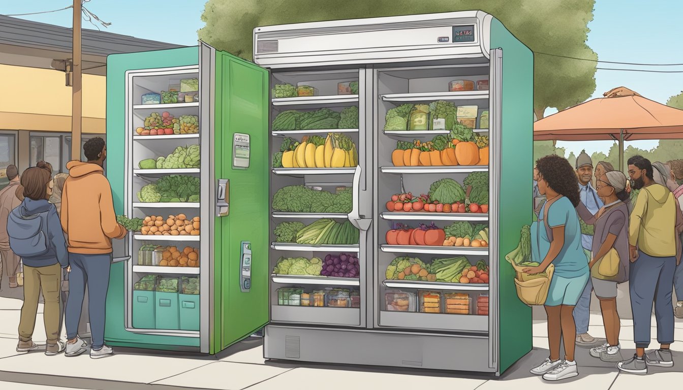 A community fridge in Santa Rosa, CA filled with fresh produce and pantry items, surrounded by a diverse group of people contributing and taking food