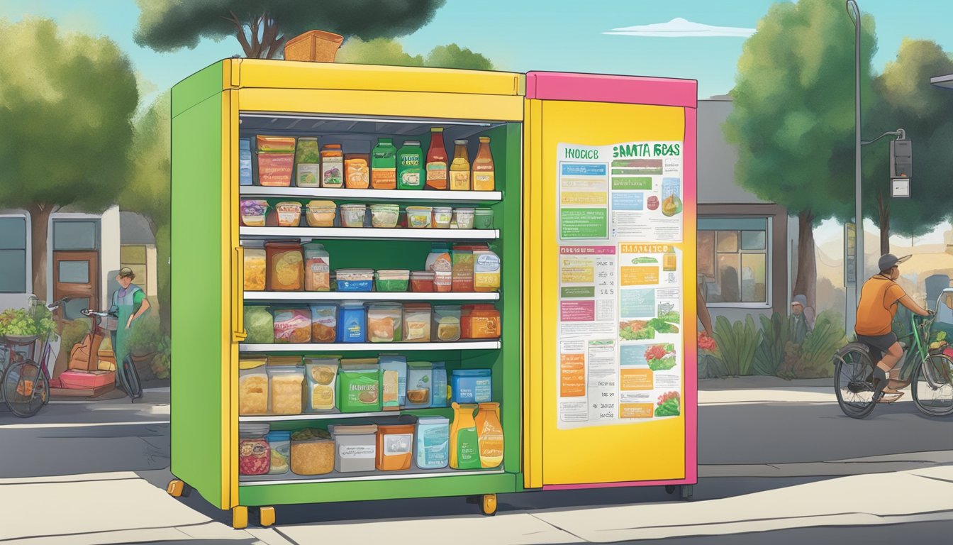 A brightly colored community fridge with shelves of food and a sign with information about Santa Rosa, CA