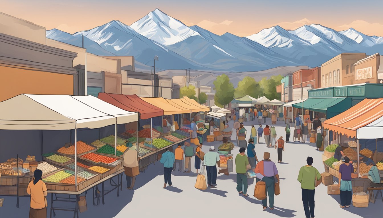 A bustling street market with vendors selling local delicacies, surrounded by the iconic mountains of Salt Lake City