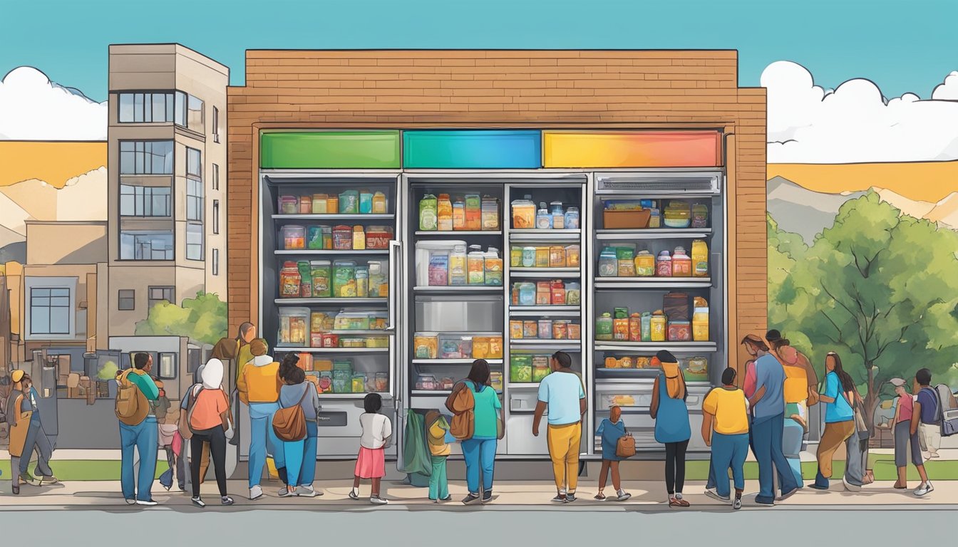 A colorful community fridge surrounded by diverse local buildings and people accessing it in Colorado Springs, CO