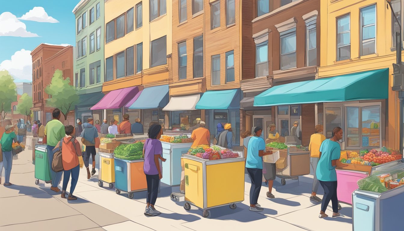 A bustling street in Colorado Springs with colorful community fridges lined up, surrounded by people dropping off and picking up food items