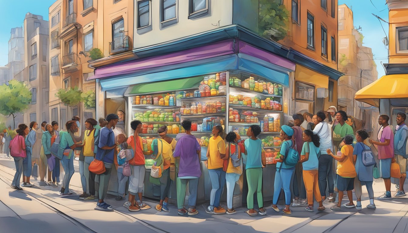 A bustling street corner with a colorful, graffiti-covered refrigerator surrounded by people from diverse backgrounds, exchanging and donating food items