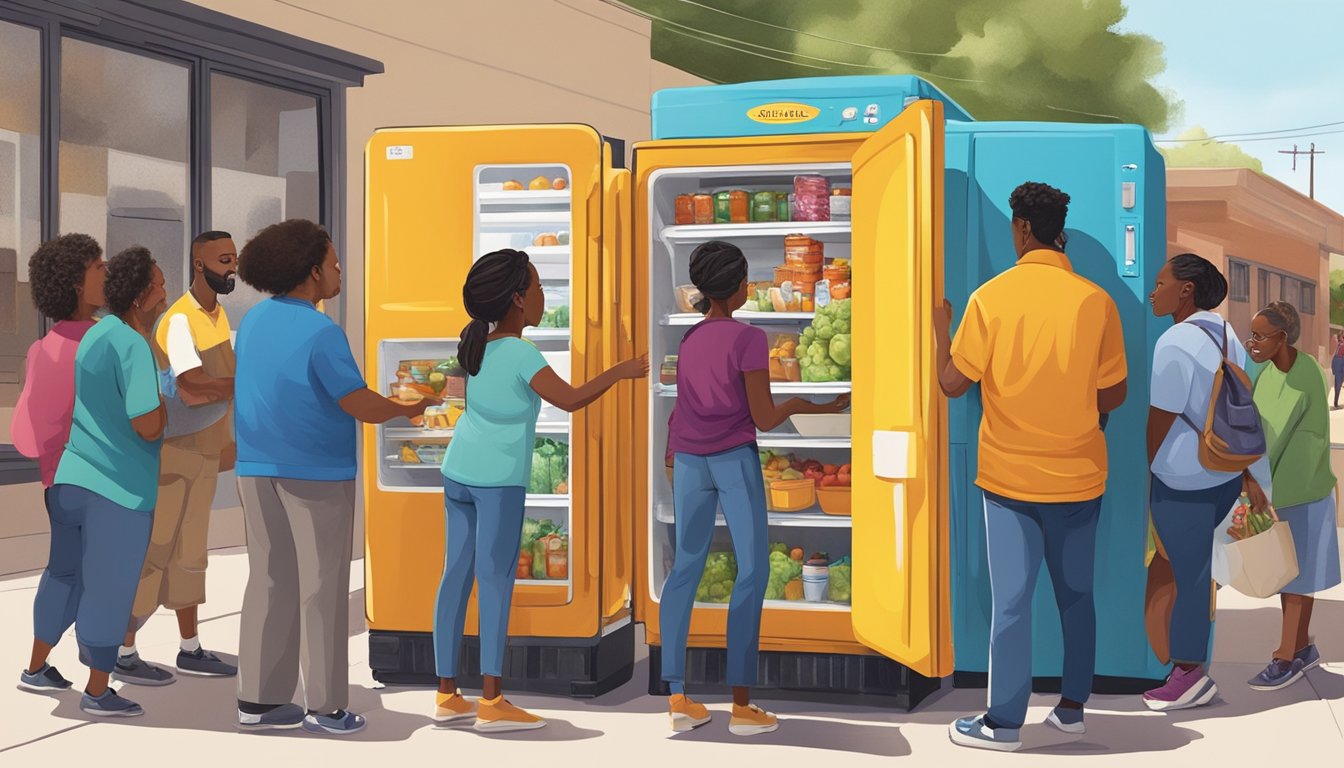 A diverse group of people from the Colorado Springs community gather around a brightly painted community fridge, exchanging food and goods with one another