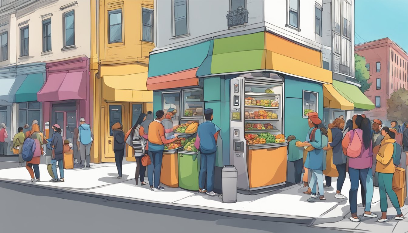 A bustling street corner with a colorful community fridge surrounded by people donating and taking food