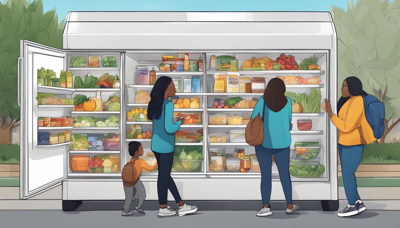 A sunnyvale, CA community fridge filled with various food items, surrounded by diverse individuals accessing and contributing to the shared resource