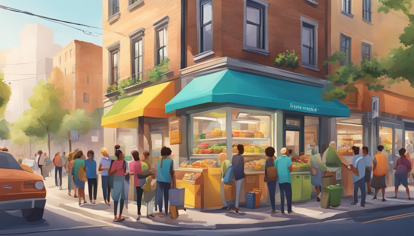 A bustling street corner with a colorful community fridge surrounded by people exchanging food and goods