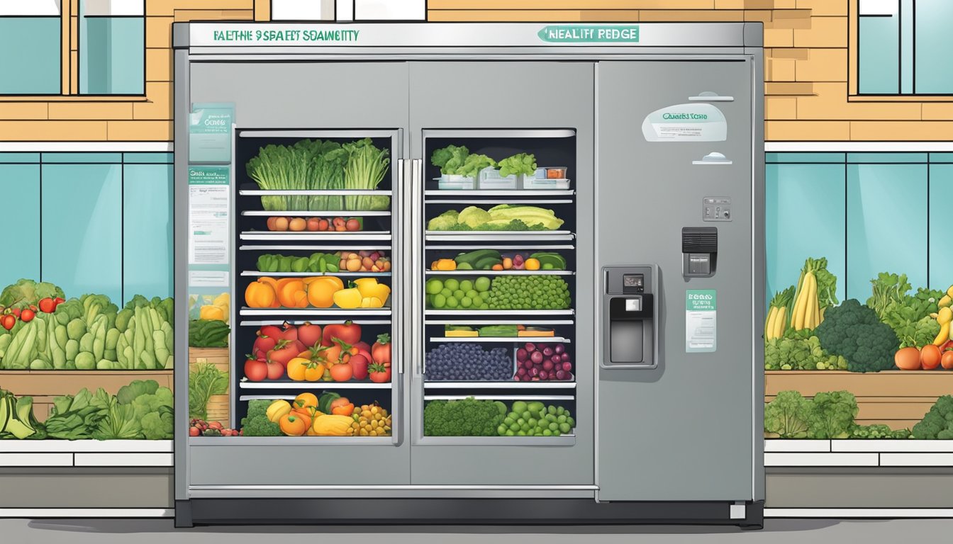 A local community fridge in Colorado Springs, CO, filled with fresh produce and labeled with health and safety standards signage