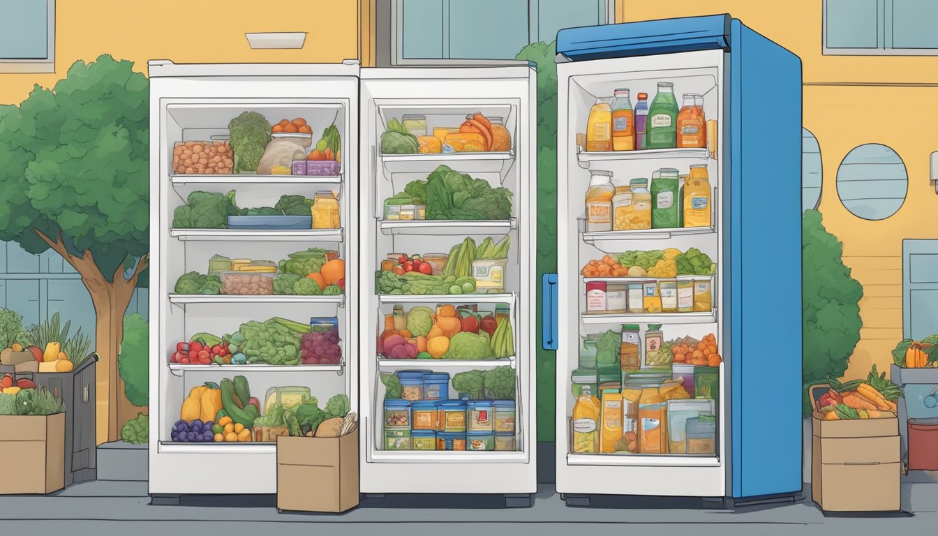 A vibrant local community fridge surrounded by diverse food donations and people accessing it in Sunnyvale, CA