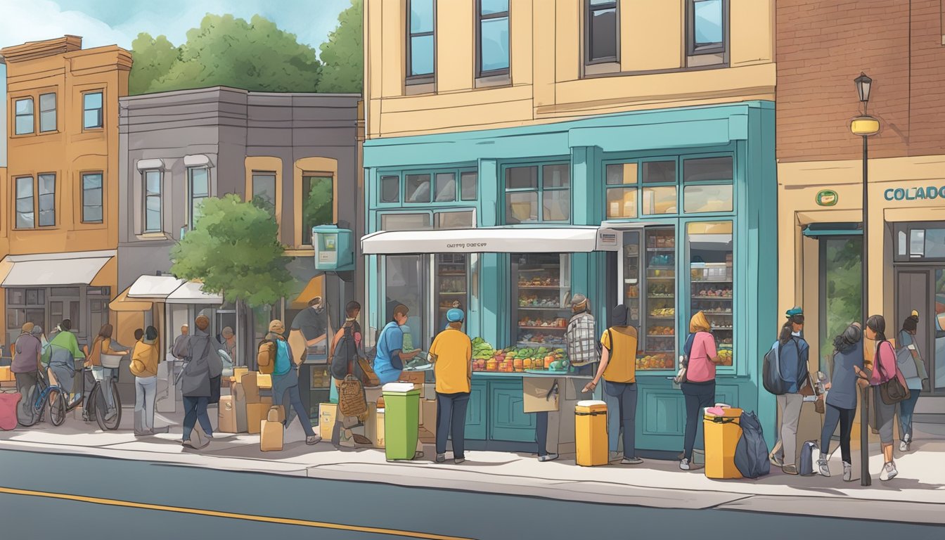 A bustling Colorado Springs street with a local community fridge surrounded by people exchanging goods and networking