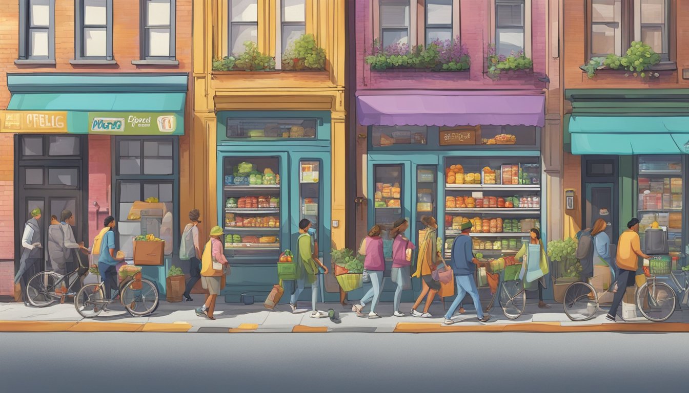 A bustling city street with a colorful community fridge surrounded by people dropping off food and supplies