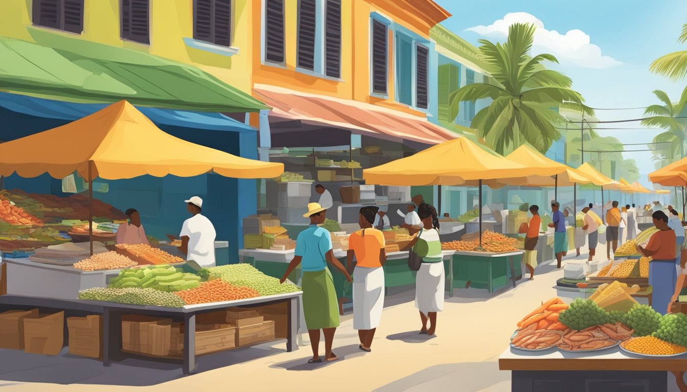 A bustling market with vendors selling fresh seafood, tropical fruits, and local spices. The aroma of Cuban sandwiches and key lime pie fills the air