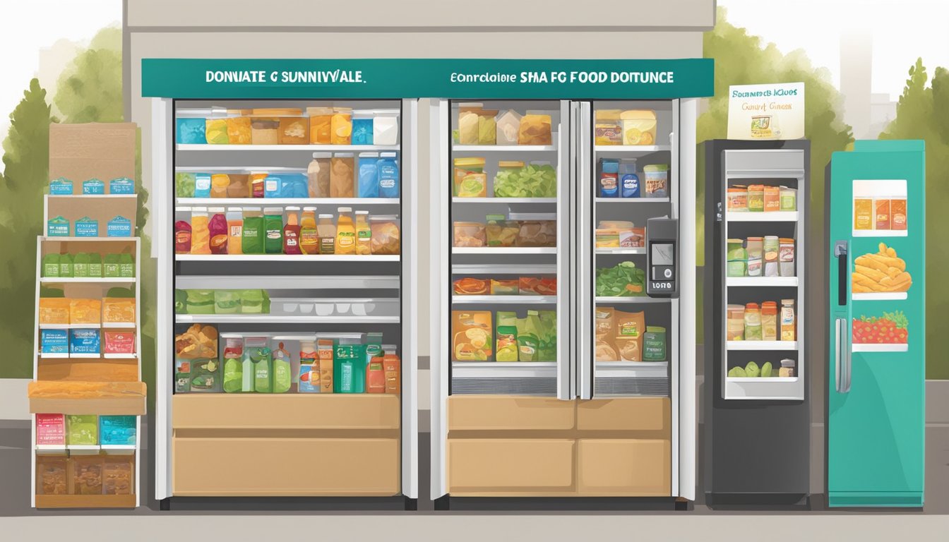 A sunnyvale, ca community fridge with shelves of donated food and a sign with donation guidelines