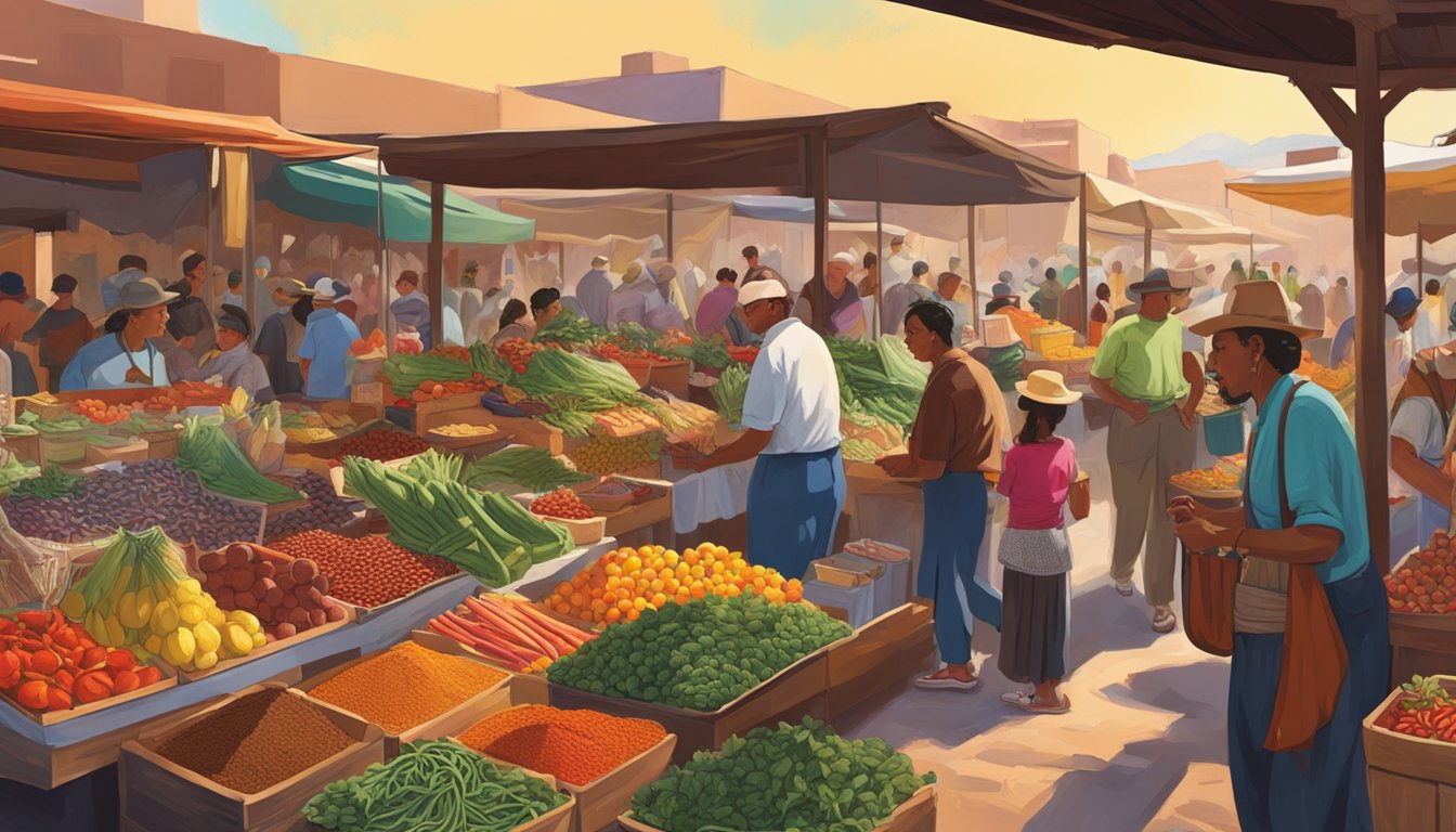 A bustling Santa Fe market with colorful stalls selling fresh produce, spices, and local specialties. The aroma of chiles and sizzling meats fills the air